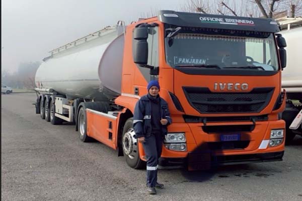 Rajdeep Kaur driving an oil tanker in Italy